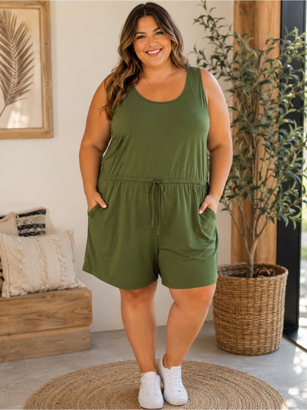 244) Olive Green Sleeveless Drawstring Romper with Pockets